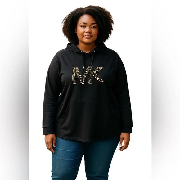 MICHAEL KORS GOLD STUDDED BLACK HOODIE Size 2X Black Goldtone Hardware - Picture 1 of 13